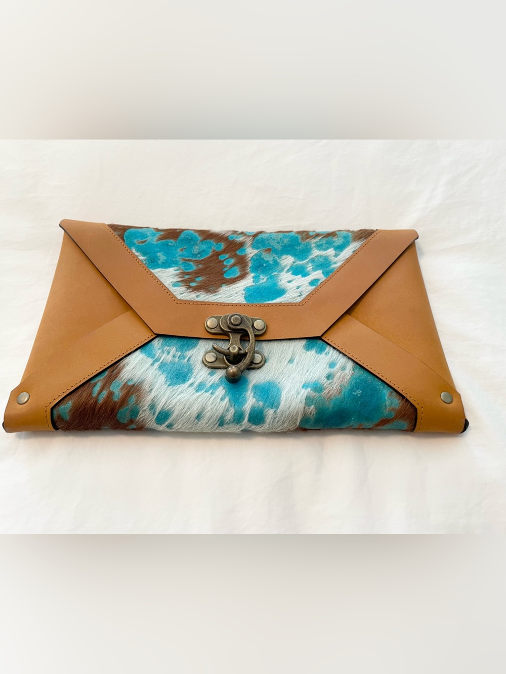 Erika Lynn Signed Handmade Turquoise Acid Wash Cowhide Leather Clutch